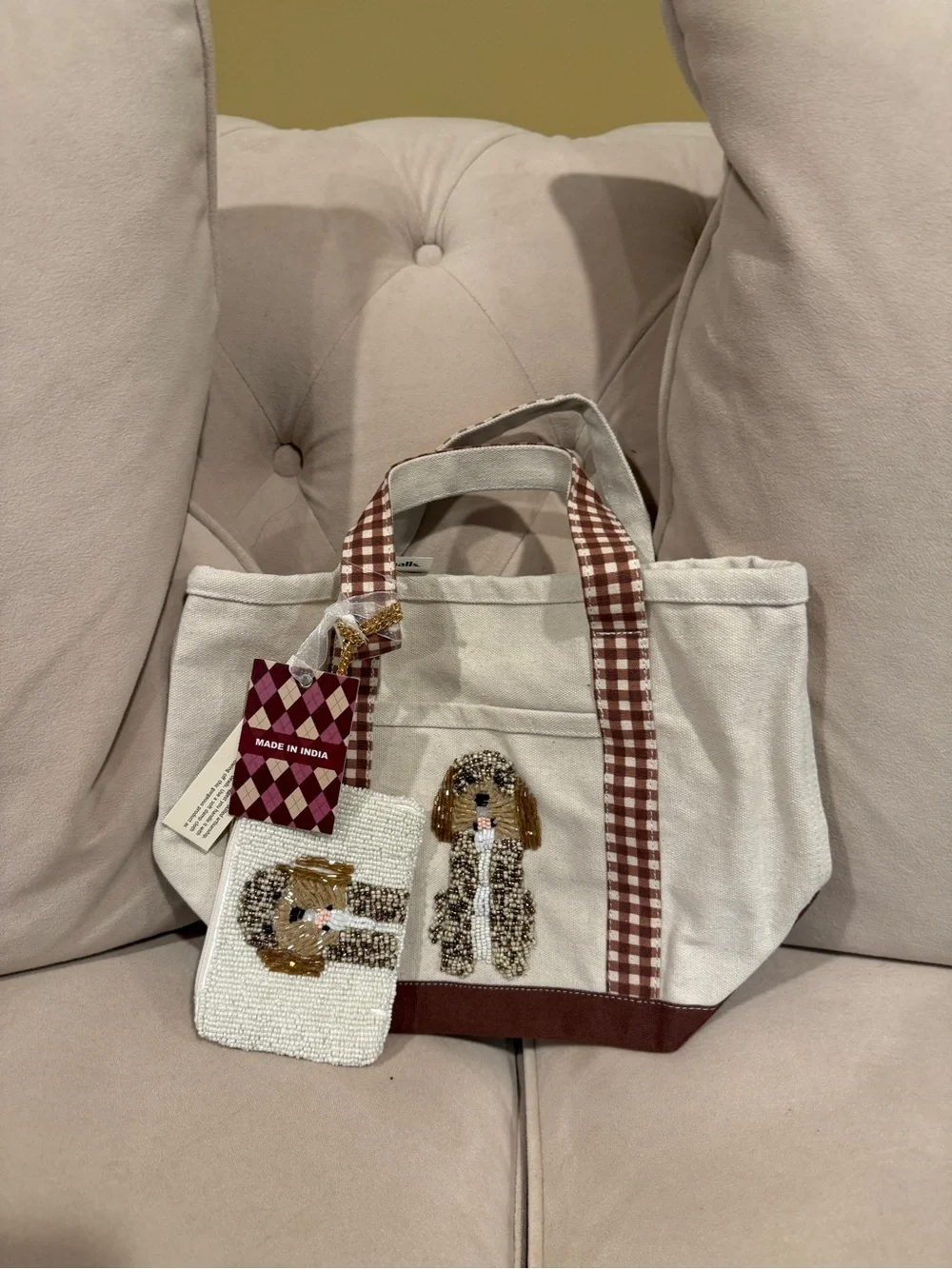 MADE IN INDIA BEADED Doodle Canvas Tote Bag - Cream & Brown